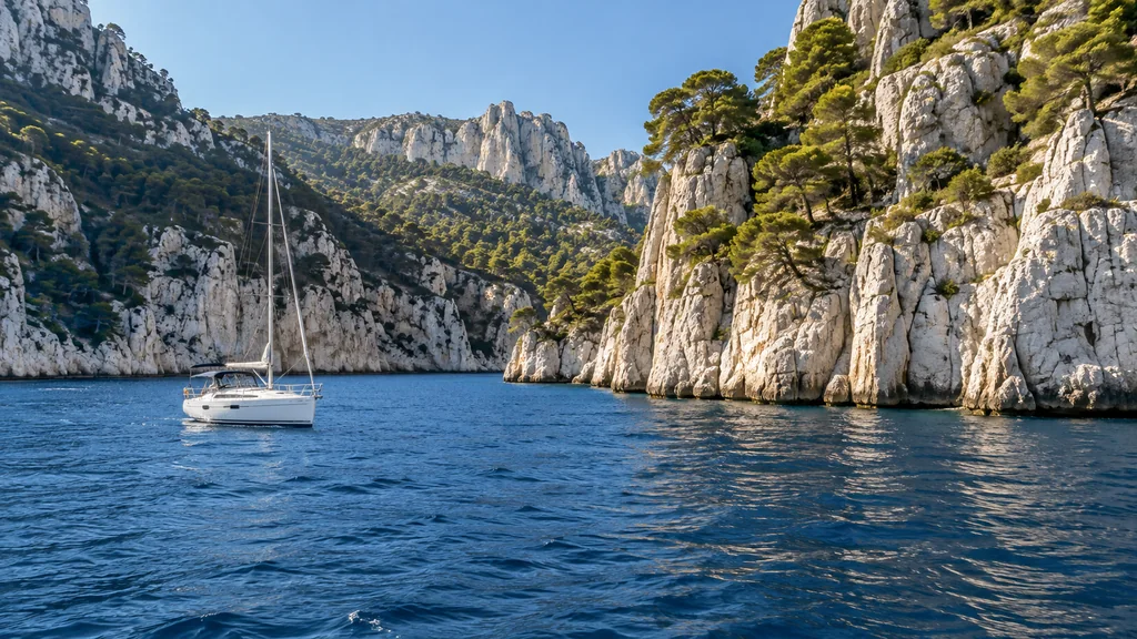 Limestone Calanques coastal landscape from offshore near Marseille