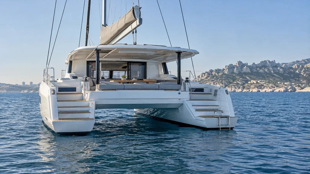 Modern unbranded sailing catamaran shown across the stern with shaded cockpit and twin hulls