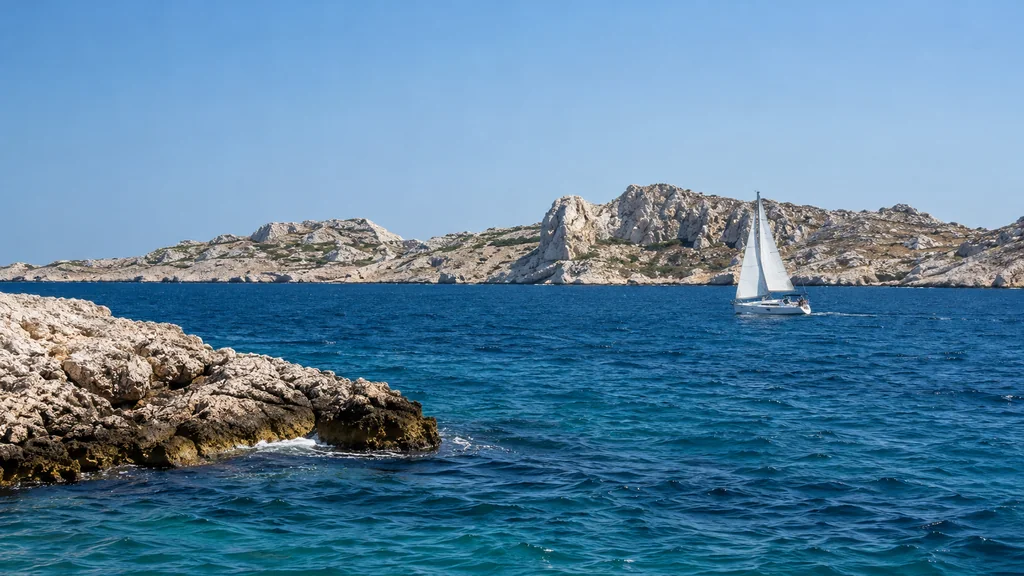 Dry rocky Frioul island coast across blue Mediterranean water near Marseille