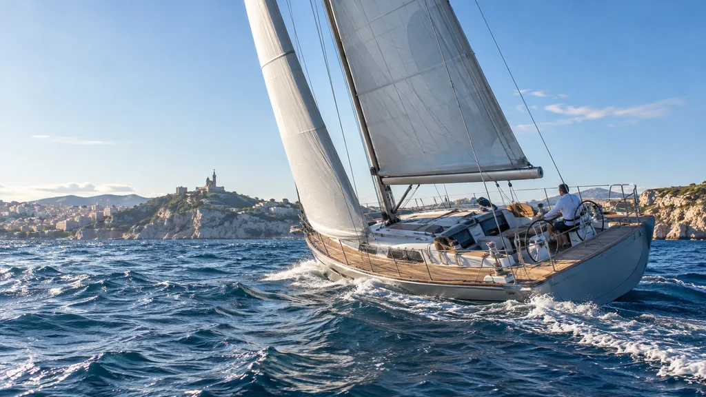 A seaworthy unbranded sailing yacht at a moderate heel outside Marseille