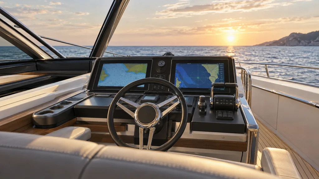 Realistic uncluttered yacht helm with navigation screens showing generic unlabelled charts